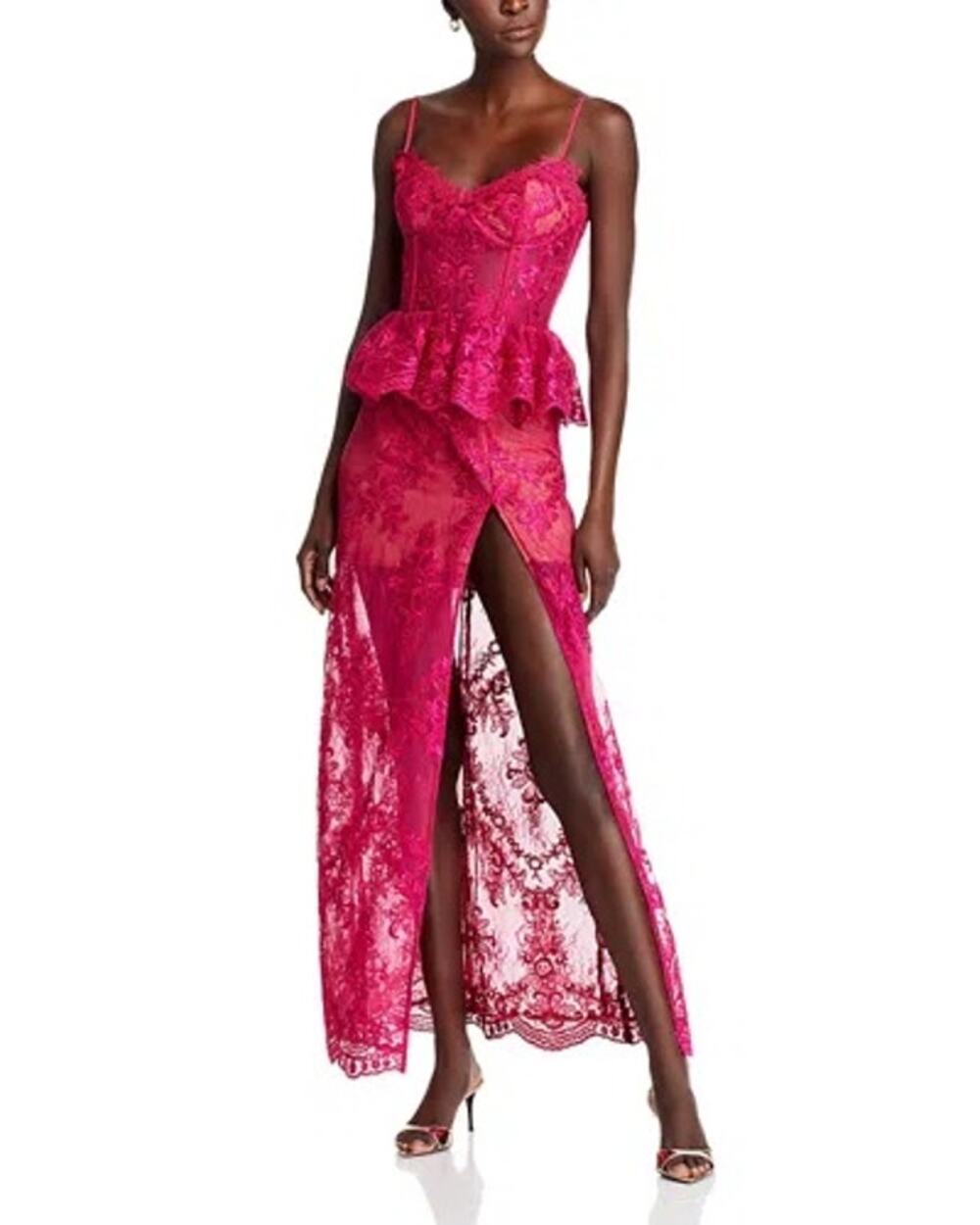 V Chapman Lace Maxi Dress Pink Corset Peplum Sheer Floral Lace Up Back 12